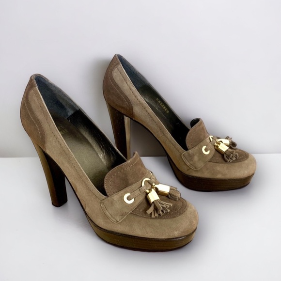 Stuart Weitzman Suede Tassup Moc Oxford Tassel Platform Heels, Women’s Size 7.5 - Picture 1 of 13